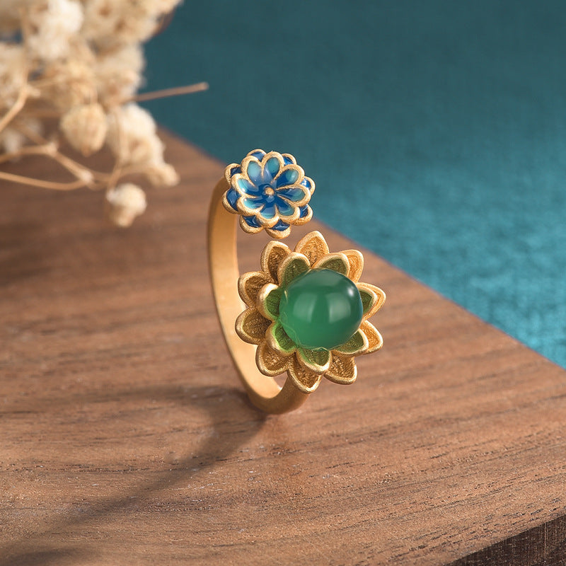 Womens Ring Chinese Style Antique Lotus Flower Enamel Agate Chalcedony Gold Plated Statement Handcrafted Jewelry