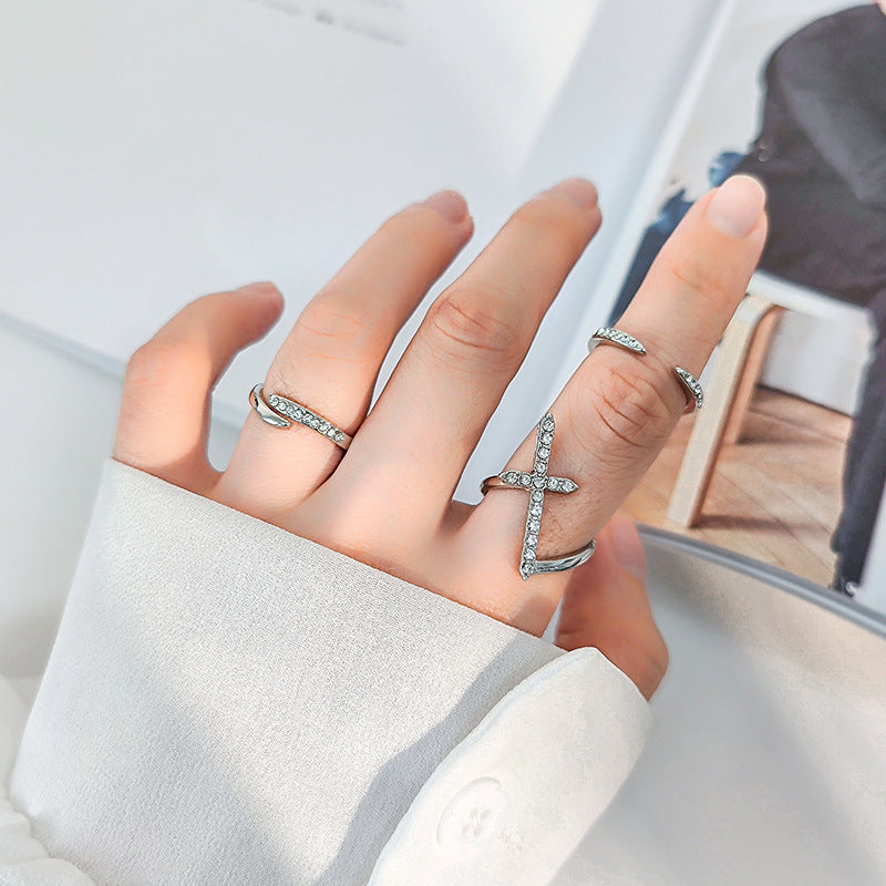 Adjustable Cross Ring For Women And Men Retro Geometric Alloy Electroplated Inlaid Design Jewelry Mosaic Inlaid Gems