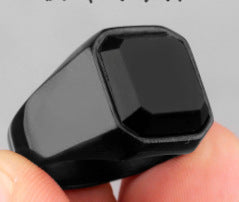 Geometric Stainless Steel Ring With Black Gemstone And Diamond Setting Fashion Jewelry Square Gemstone Diamond