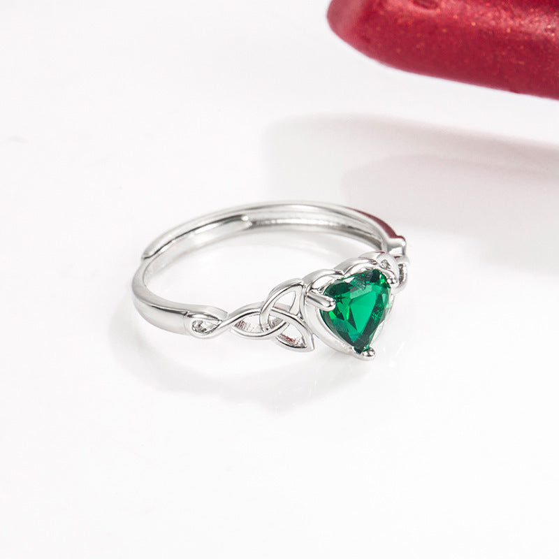 Womens Heart Ring Zirconia Gemstones Adjustable Copper Band Emerald Blue Peridot Ruby Purple Open Heart Design