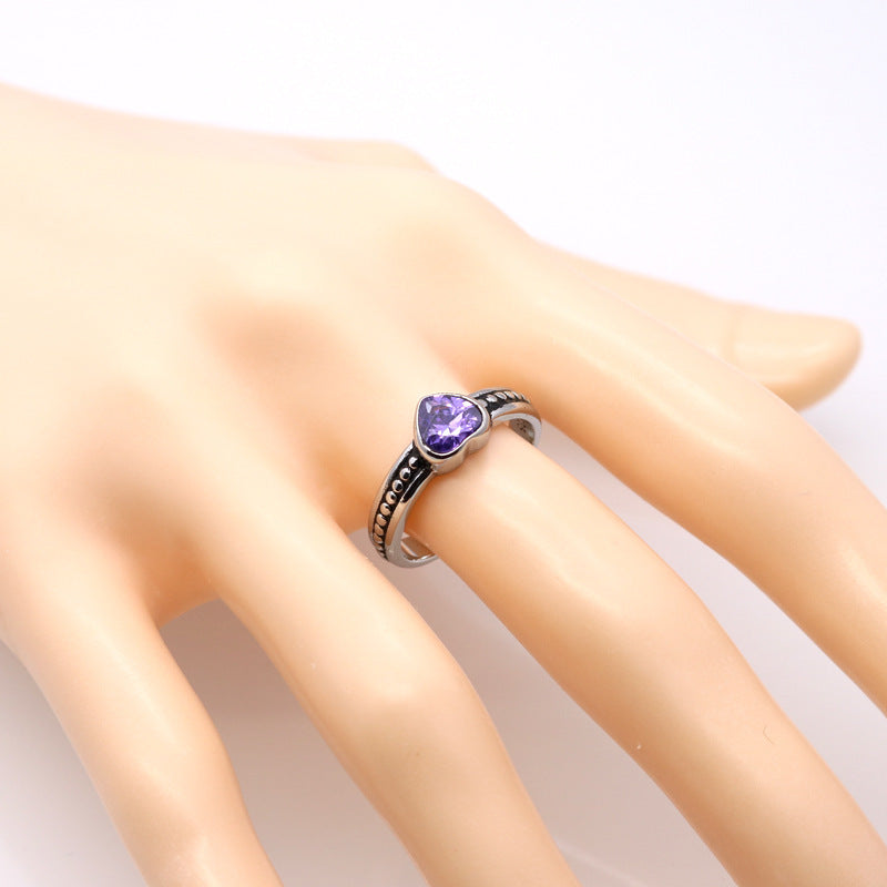 Stainless Steel Heart Shaped Ring Zircon In Vintage European American Style Unisex Jewelry Gleams Shines Stone