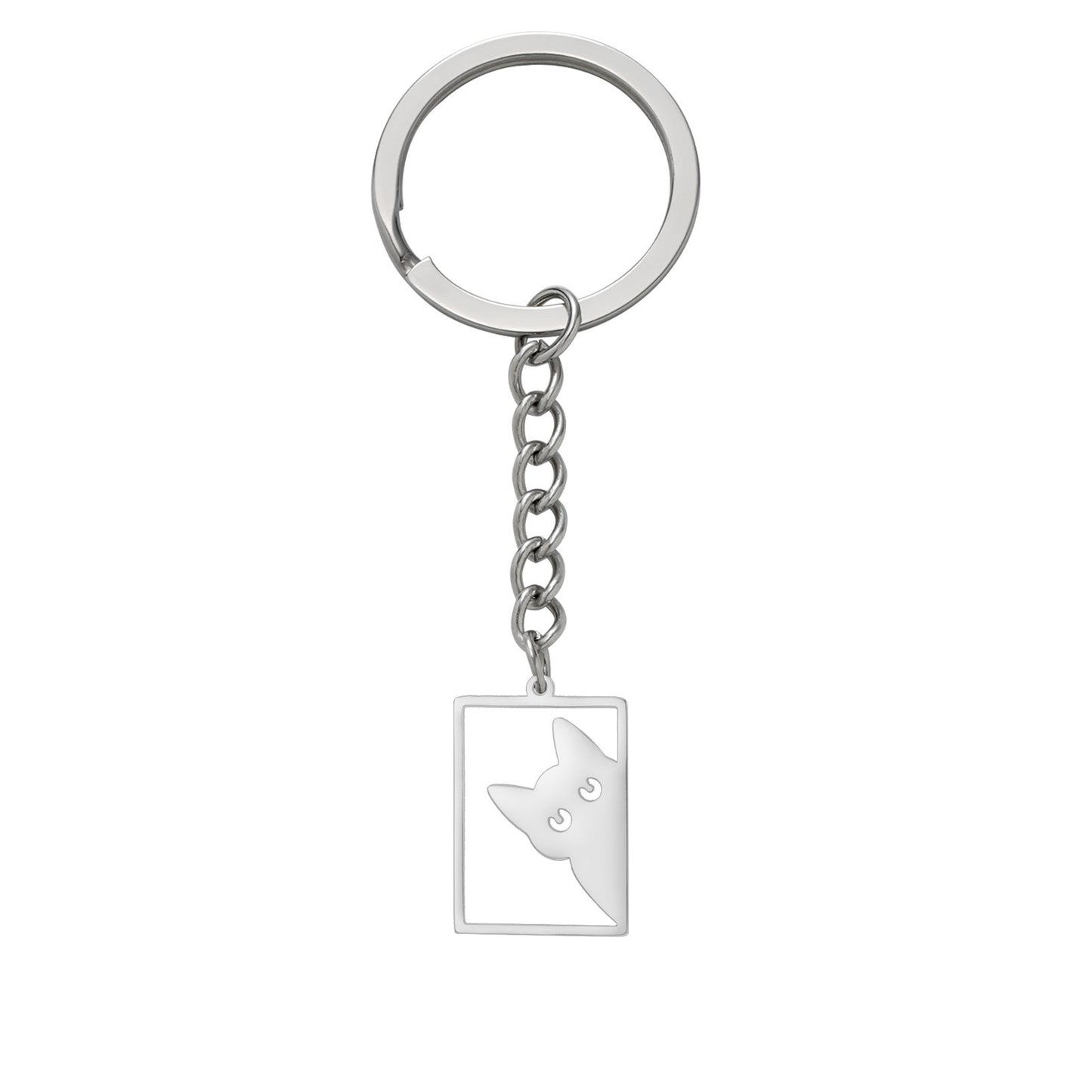 Womens Animal Keychain Titanium Steel Rectangular KittenPet Cat Shape Key Ring Fashion Accessory Durable Steel