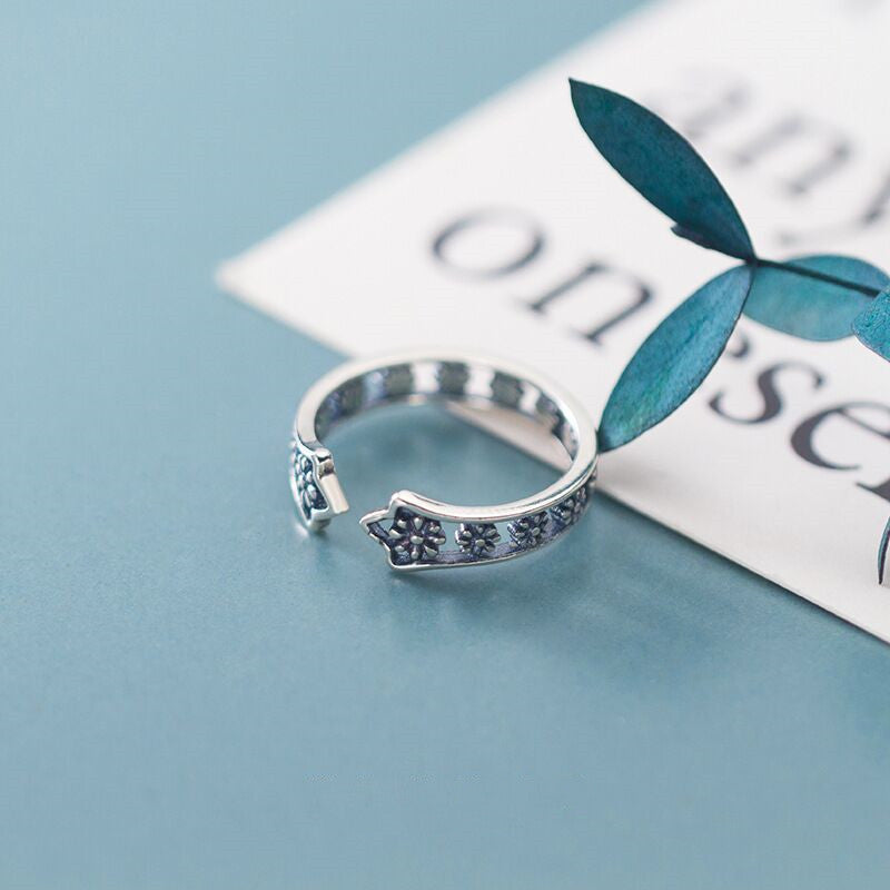 Womens Copper Ring With Flower Design Adjustable Open Ring Vintage Silver Finish Korean Design Ring For Women