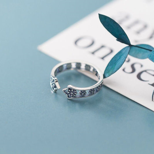 Womens Copper Ring With Flower Design Adjustable Open Ring Vintage Silver Finish Korean Design Ring For Women