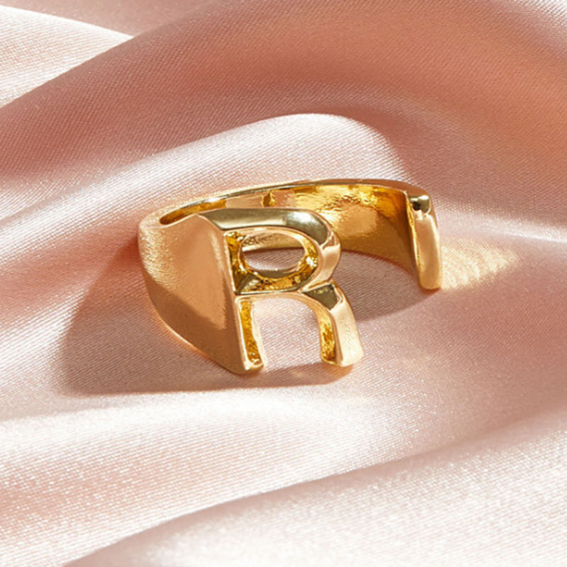 Gold Alloy Letter Ring For Women Initial Alphabet Ring Electroplated Simple Fashion Jewelry Gift For Daily Wear Style