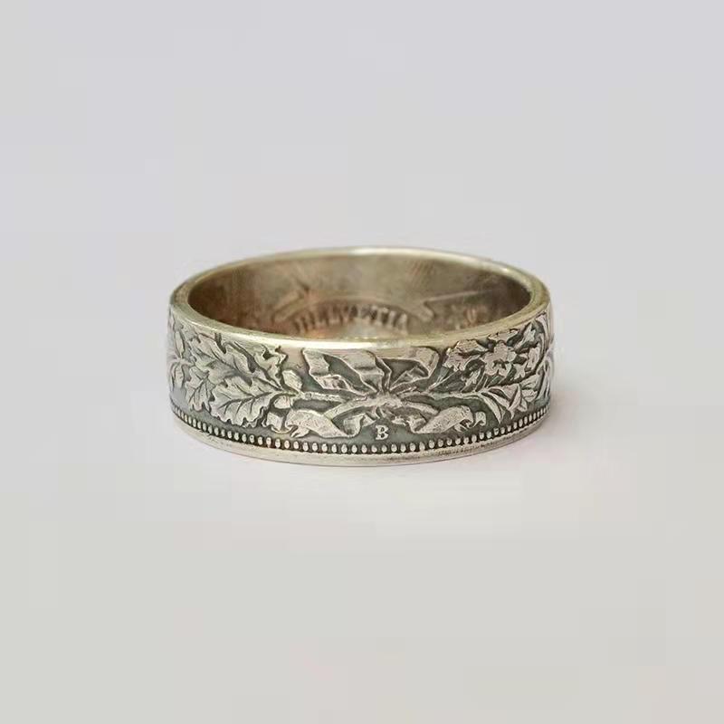 Handmade Coin Rings With Edelweiss Pattern Silver Plated Unisex Retro Geometric Jewelry Elegant Vintage Finish