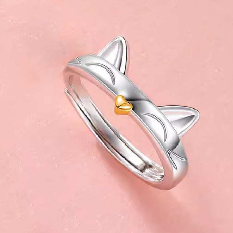 Cat Couple Rings Adjustable Copper Matching Rings For Him And Her Cute Electroplated Promise Set Anniversary Gift