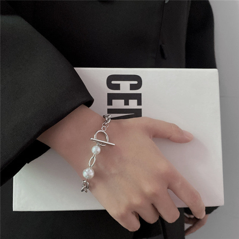 Unisex Baroque Pearl Bracelet Titanium Steel Korean Style Geometric Bracelet Fashion Jewelry For Men And Women