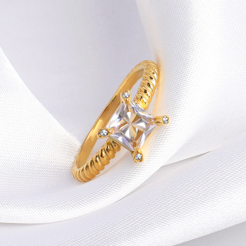 Square Zircon Twist Stainless Steel Ring Unisex Transparent Black Emerald Jewelry Style Gift For Her Anniversary