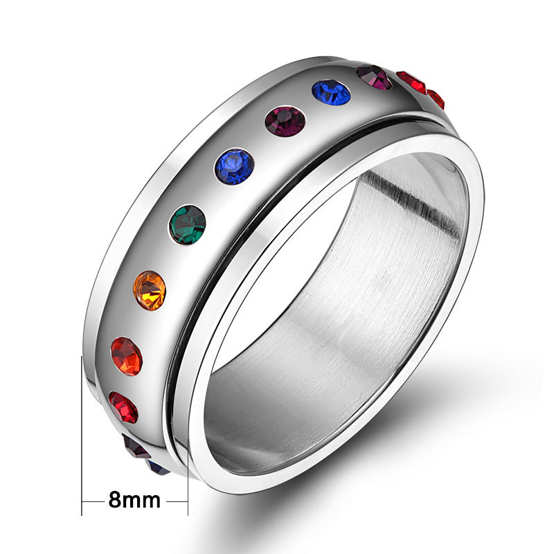 Iridescent Zircon Spinning Ring Stainless Steel Band for Women Fashion Electroplated Mosaic Titanium Steel Anxiety Relief Fidget Spinner