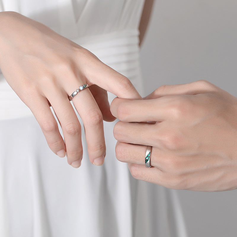 Sterling Silver 925 Adjustable Couple Rings With Gem Inlays Matching Bands For Anniversary Engagement Gift Idea