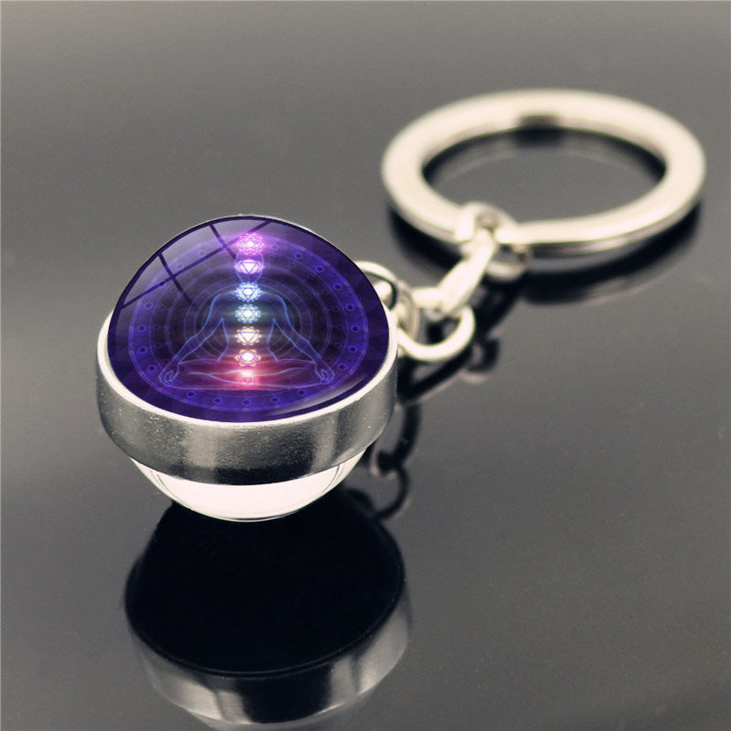 Yoga Keychain Double Sided Glass Ball Pendant Silver Plated Alloy Car Key Ring Bag Charm Decoration Gift Decor