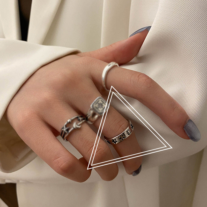Women Ring Silver Plated Star And Moon Geometric Vintage Celestial Adjustable Jewelry Everyday Statement Piece