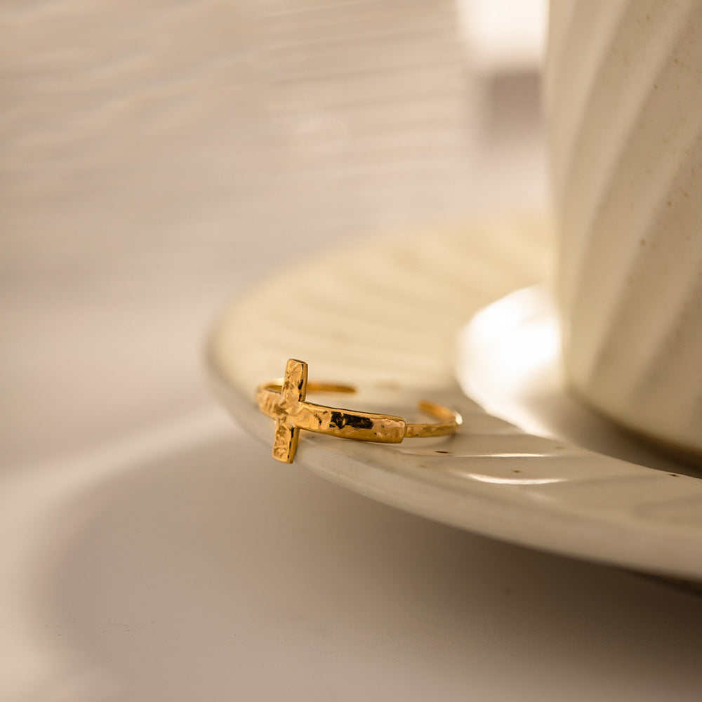 Womens Cross Open Ring Stainless Steel Adjustable Geometric Fashion Jewelry Modern Elegant Statement Piece Lux