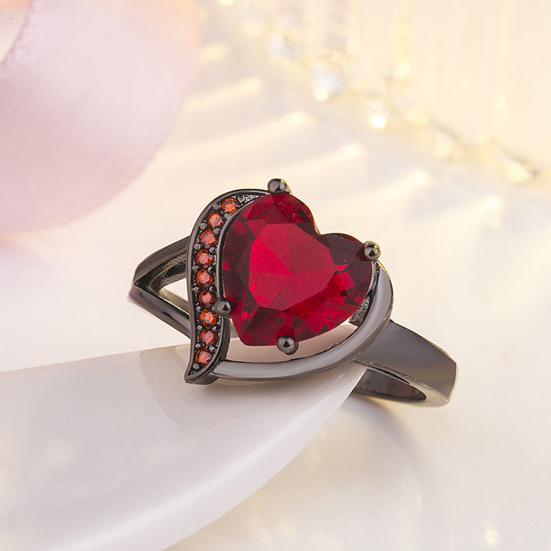Unisex Heart Shaped Large Ring Zircon Gemstone Black Gold Plated Wedding Engagement Gift Electroplated Jewelry