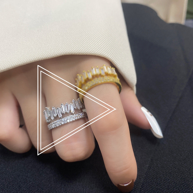 Women Double Ring Zircon Studded Irregular Rectangular Geometrical Silver Plated Fashion Jewelry Everyday Wear