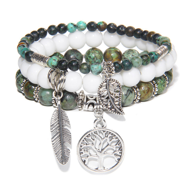 Unisex Agate Beads Bracelet Set With Tree Of Life Pendant