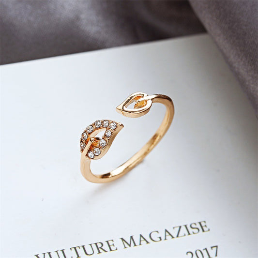 Leaf Ring With Rhinestone Crystal In Alloy Metal Jewelry For Women Vintage Style Gift Sparkling Crystal Accent