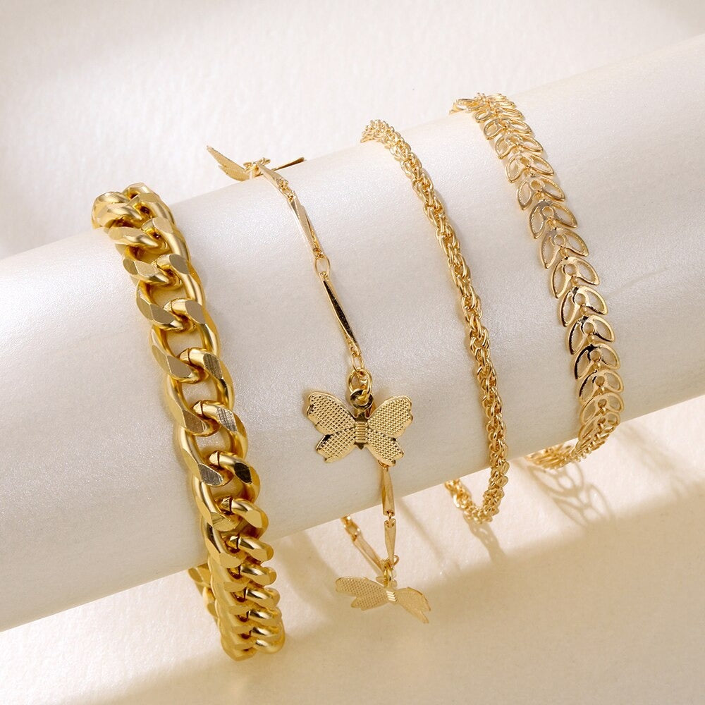 Womens Multilayer Alloy Butterfly Lock Geometric Chain Bracelet Gold And Silver Tone Fashion Accessory Everyday Wear
