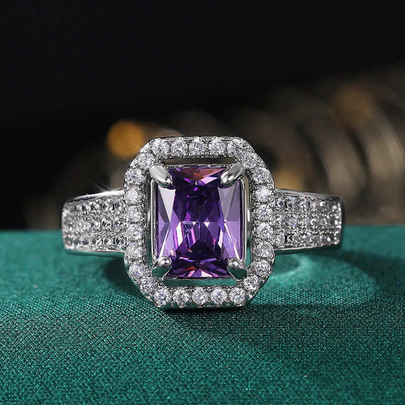 Zircon Ring Double Claw Encrusted Square Design Copper Fashion Jewelry High Quality Durable Versatile Statement Gift