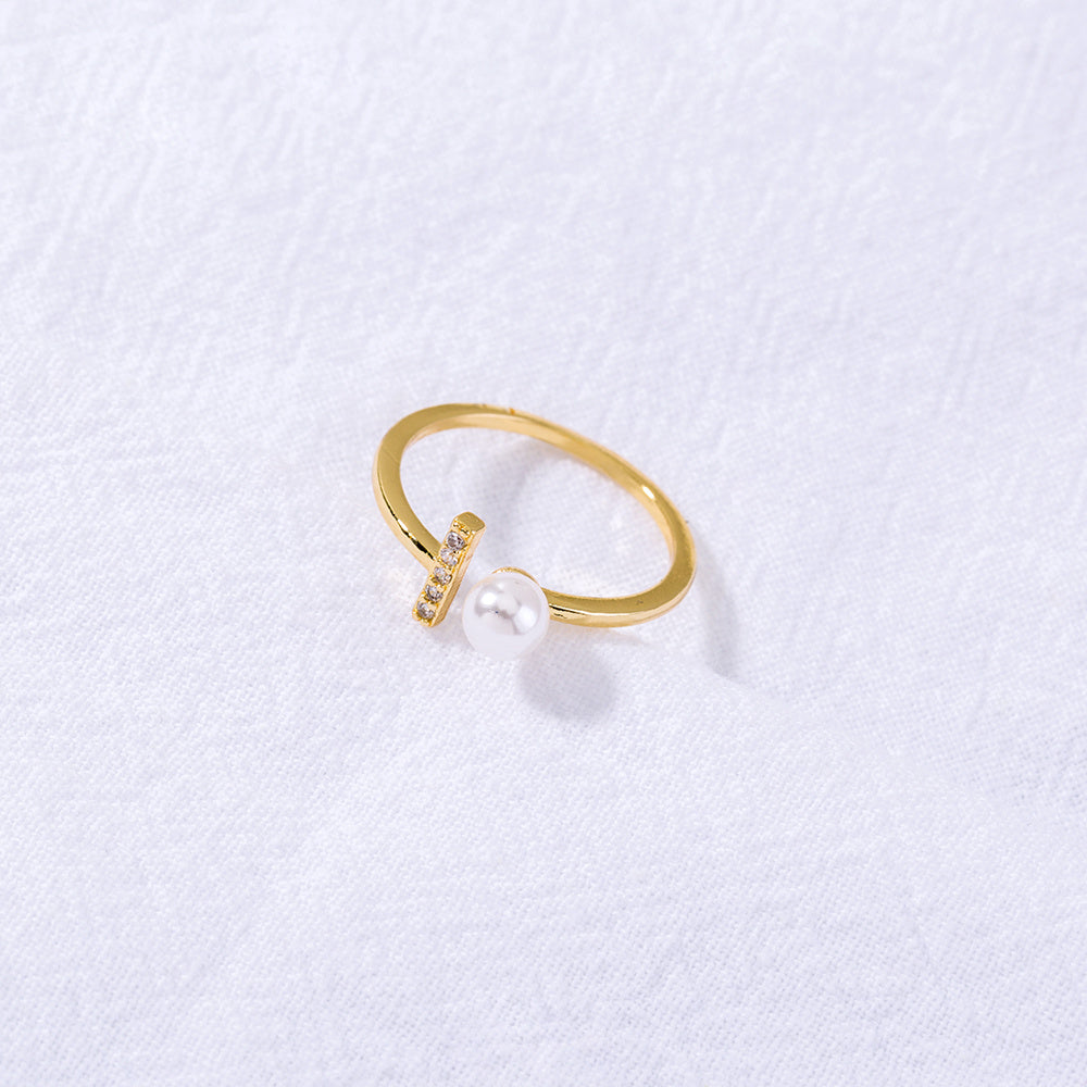 Adjustable Copper Ring Zircon T Shaped Gold Pearl Accent