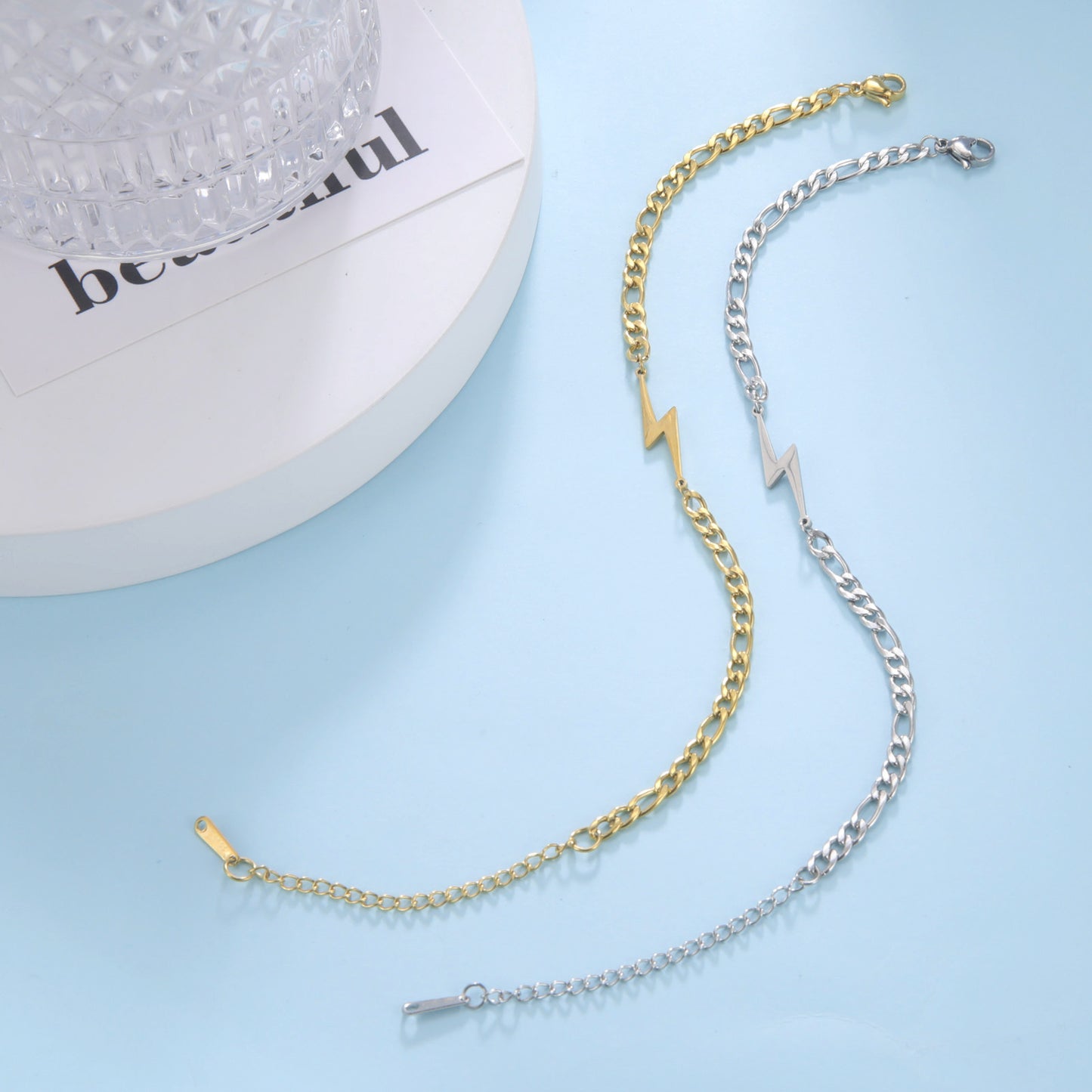 Womens Geometric Bracelets With Double Hole Lightning Pendant Stainless Steel Jewelry Gift For Her Fashionable