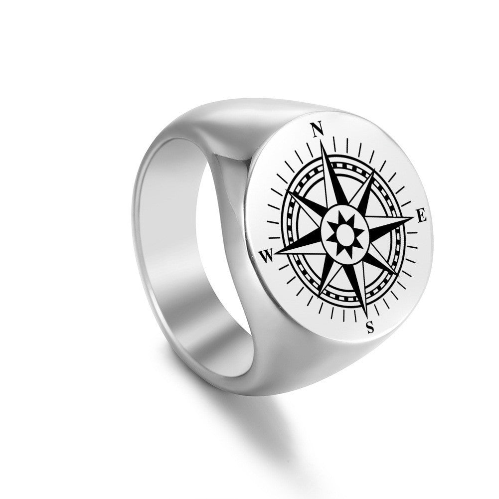 Stainless Steel Marking Silver Compass Ring