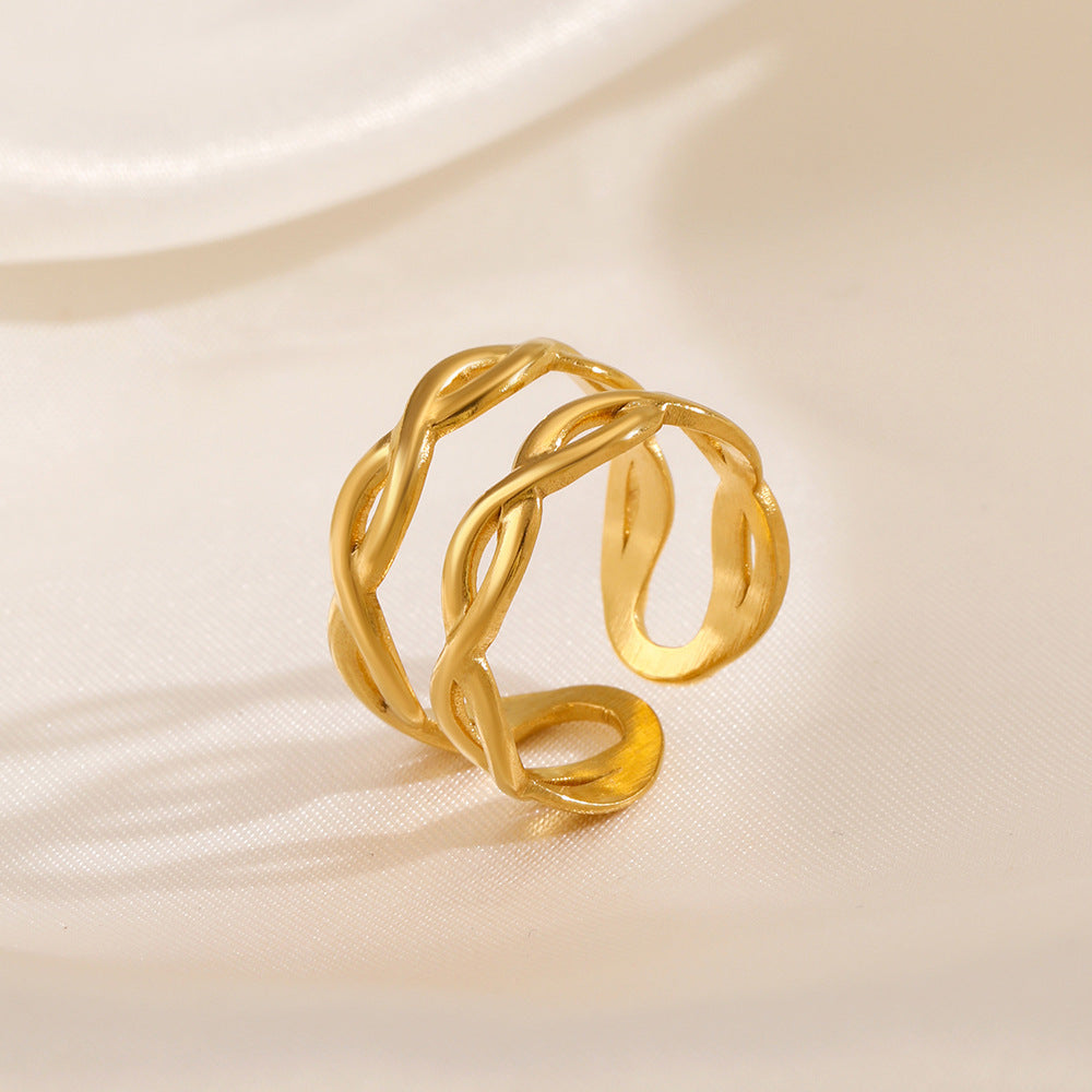 Womens Stainless Steel Cross Ring Double Layer Geometric Lines Adjustable Opening Fashion Jewelry European Style