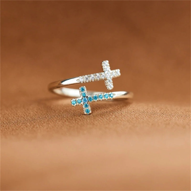Sterling Silver Cross Ring Adjustable Zircon Geometric