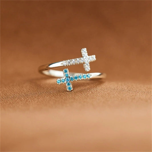 Sterling Silver Cross Ring Adjustable Zircon Geometric