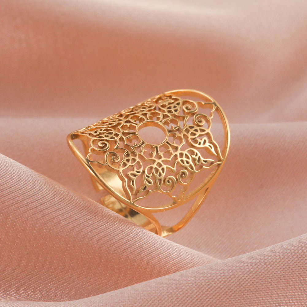 Vintage Stainless Steel Openwork Snow Petal Oval Ring Adjustable Size Not Inlaid White Gold Rose Gold Finish Ring