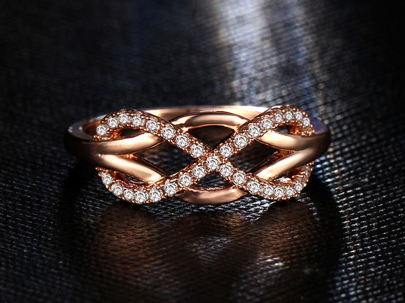 Infinity Figure Eight Copper Zircon Ring Rose Gold Wedding Band Vintage Wave Design Jewelry For Women Elegant Sparkle