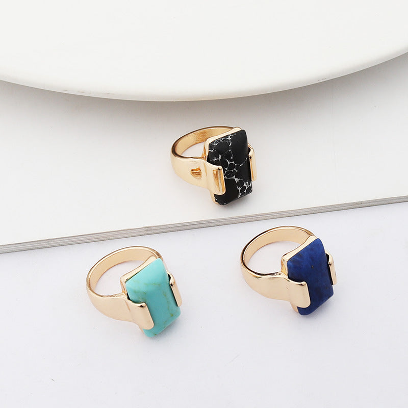 Women Alloy Rectangular Geometric Ring Gold Plated Gemstone Jewelry European American Style Fashion Accessory