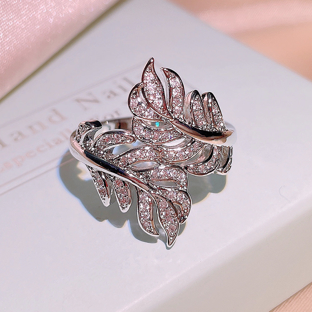 Zircon Ornament Ring Leaf Design Adjustable Size 6 7 8 9 10 Geometry Brass Alloy Inlay Chic Everyday Ring Look