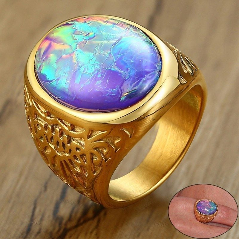 Stainless Steel Opal Inlay Ring For Men And Women Cast Design Jewelry European Style Opal Inlay Band For Everyday Wear Styles