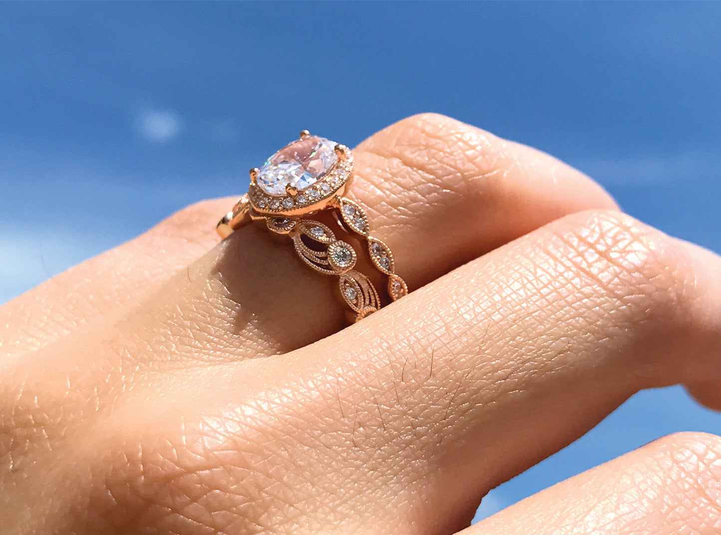 Diamond Zircon Egg Shaped Ring Set For Women In Rose Gold And White Gold Copper Geometric Fashion Jewelry Two Piece Set