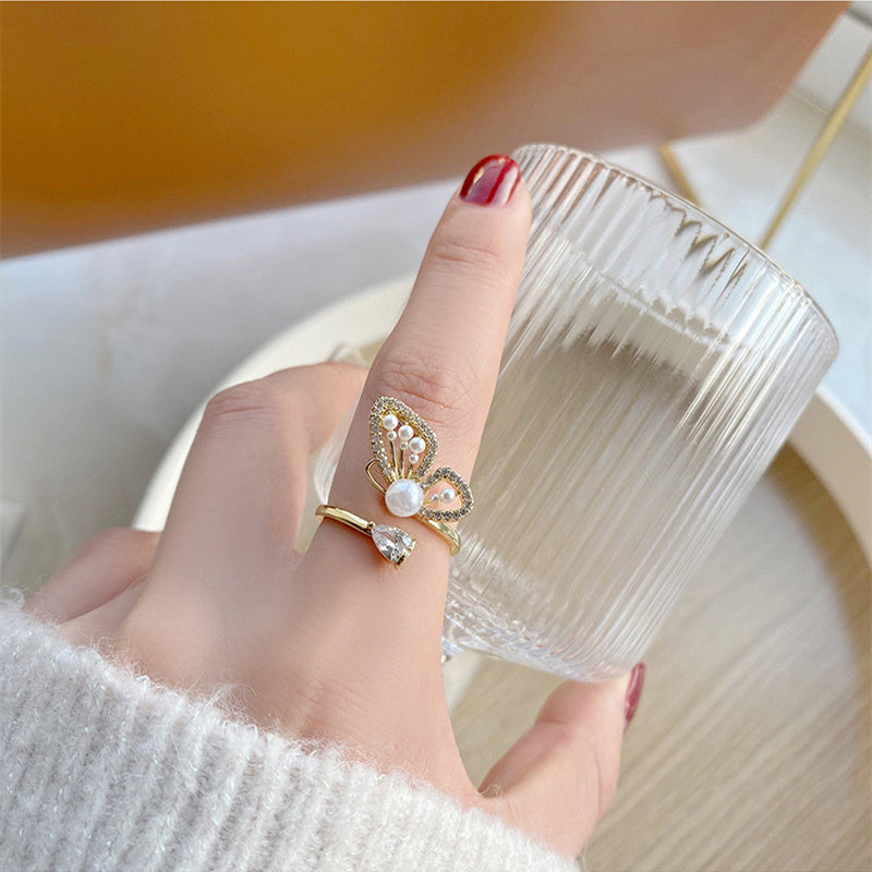 Womens Butterfly Wing Pearl Ring Adjustable Gold Plated Copper Elegant Fashion Jewelry Birthday Gift Gem Stone