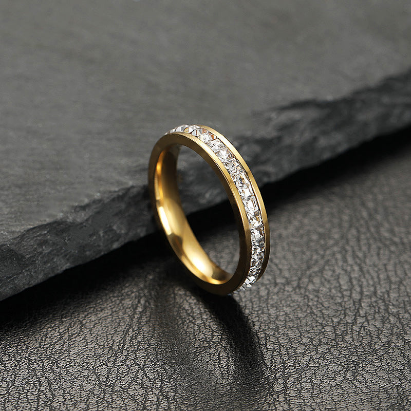 Womens Titanium Steel Ring With Zircon Electroplated Geometric Design Fashion Jewelry Single Row Or Double Row