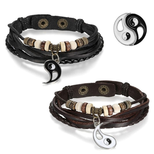 Couple Handmade Beaded Bracelets Set Matching For Him And Her Adjustable Cowhide Cord Magnetic Buckle Gift Now