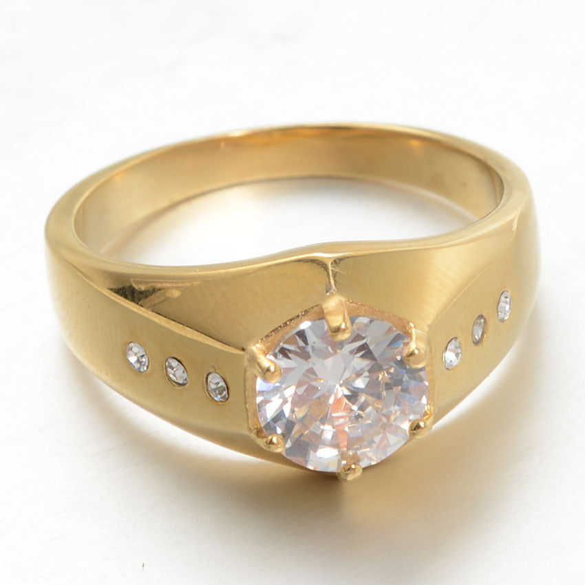 Mens Geometrical Stainless Steel Wedding Ring Gold Plated Inlaid Gemstones Polished Finish Durable Everyday Use