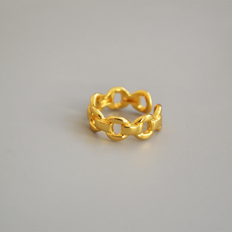 Adjustable Opening Ring Fashion Metal Ring With Hollow Chain Geometry Design For Women And Girls Gold Tone Glow