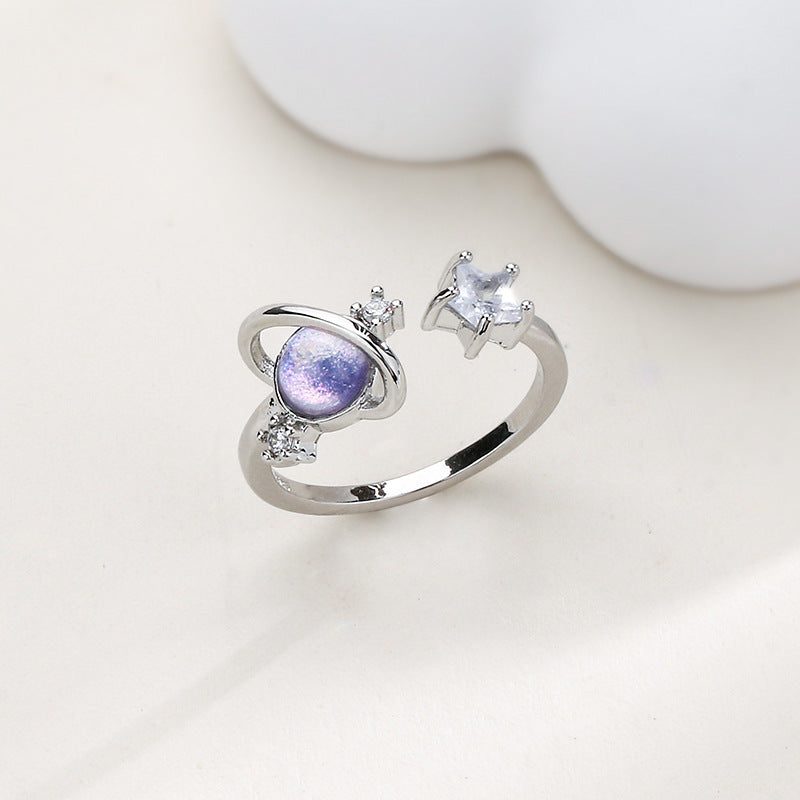 Womens Copper Ring With Inlaid Zircon Star And Planet Design Fashion Jewelry Diameter 17mm Classic Accessory Style