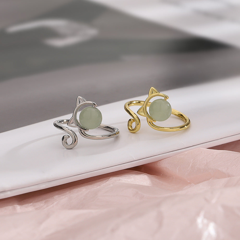 Adjustable Opening Copper Cat Ear Ring With Artificial Jade Accent Electroplated For Women Fashion Jewelry Collection