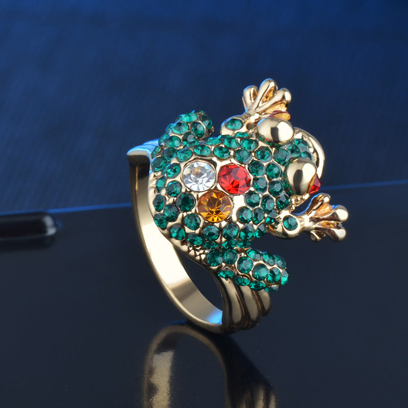 Womens Cute Frog Ring Rhinestones Inlaid Alloy Rose Gold Jewelry Polished Durable Animal Personality Accessory