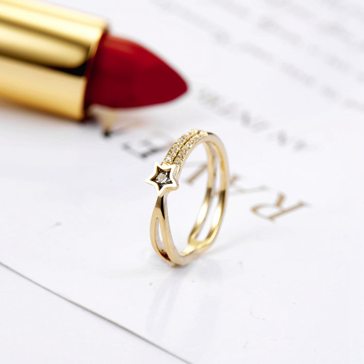 Womens Ring Five Points Star Diamond Inlay Titanium Steel Gold Plated Fashion Jewelry Elegant Sparkling Trendy