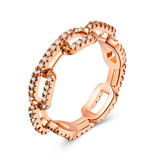Zircon Inlaid Lock Chain Ring Gold Plated Copper Geometric