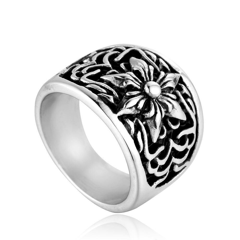 Mens Titanium Steel Cross Flower Ring Rock Fashion Polished Durable High Quality Jewelry Accessories Wear Gift