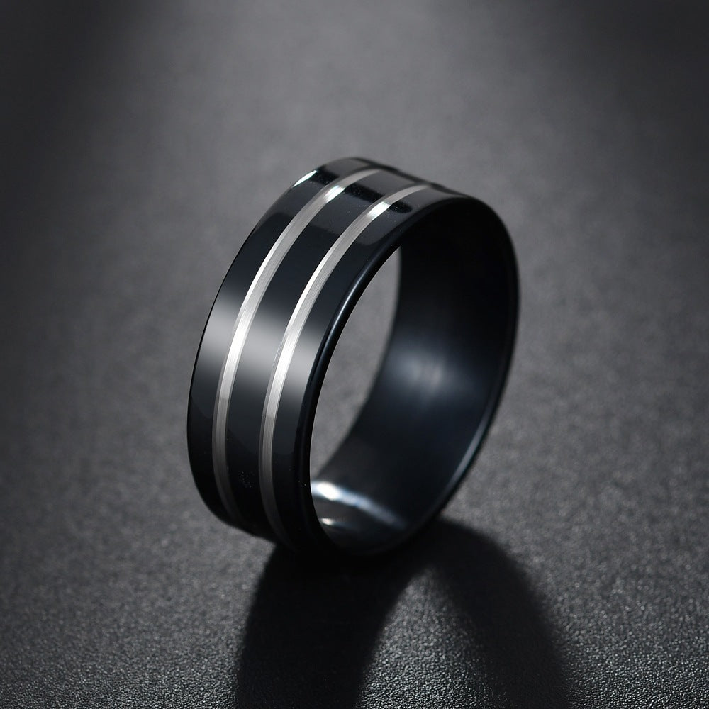 Mens Titanium Steel Ring Brushed Matte Finish Euro Geometric American Style Design Gift For Him Black Blue Six