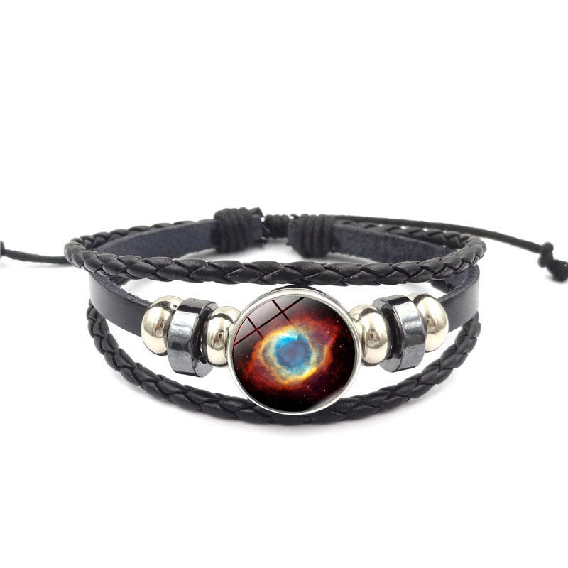 Womens Beaded Bracelet Handmade Starry Sky Universe Design Glass Gem Alloy Pendant Adjustable Leather Rope Gem