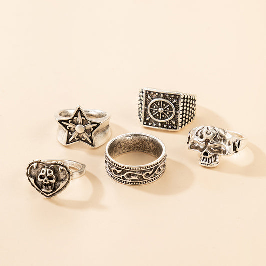 Unisex Metal Alloy Ring Set Five Piece With Bohemian Ethnic Skull Star And Geometric Designs Boho Elements Art